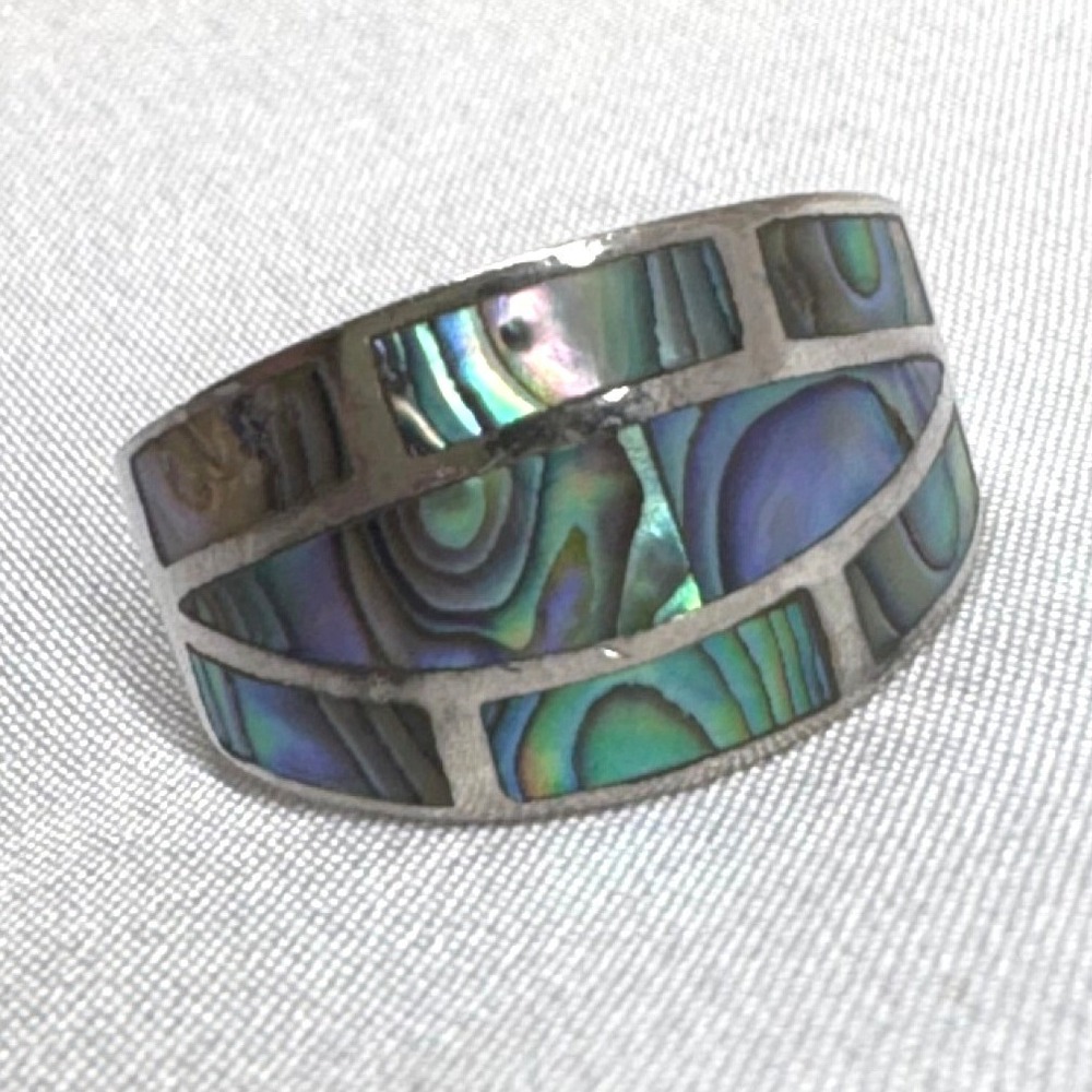 MD Abalone Shell Inlay Ring Unisex Size 7.75 Silver Good Vintage 925 Thai Mosaic